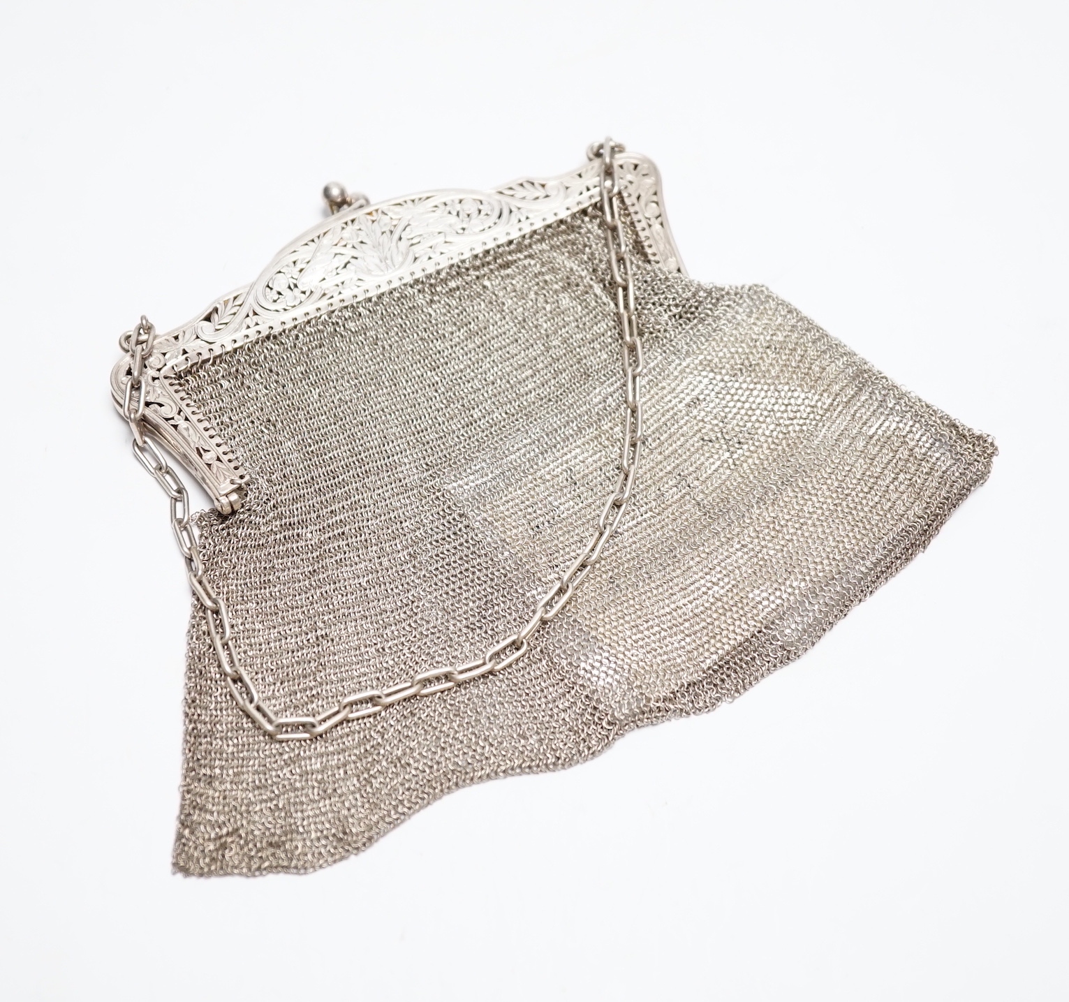 An early 20th century French silver mesh evening bag, import marks for Robert Cawley, Chester, 1911.